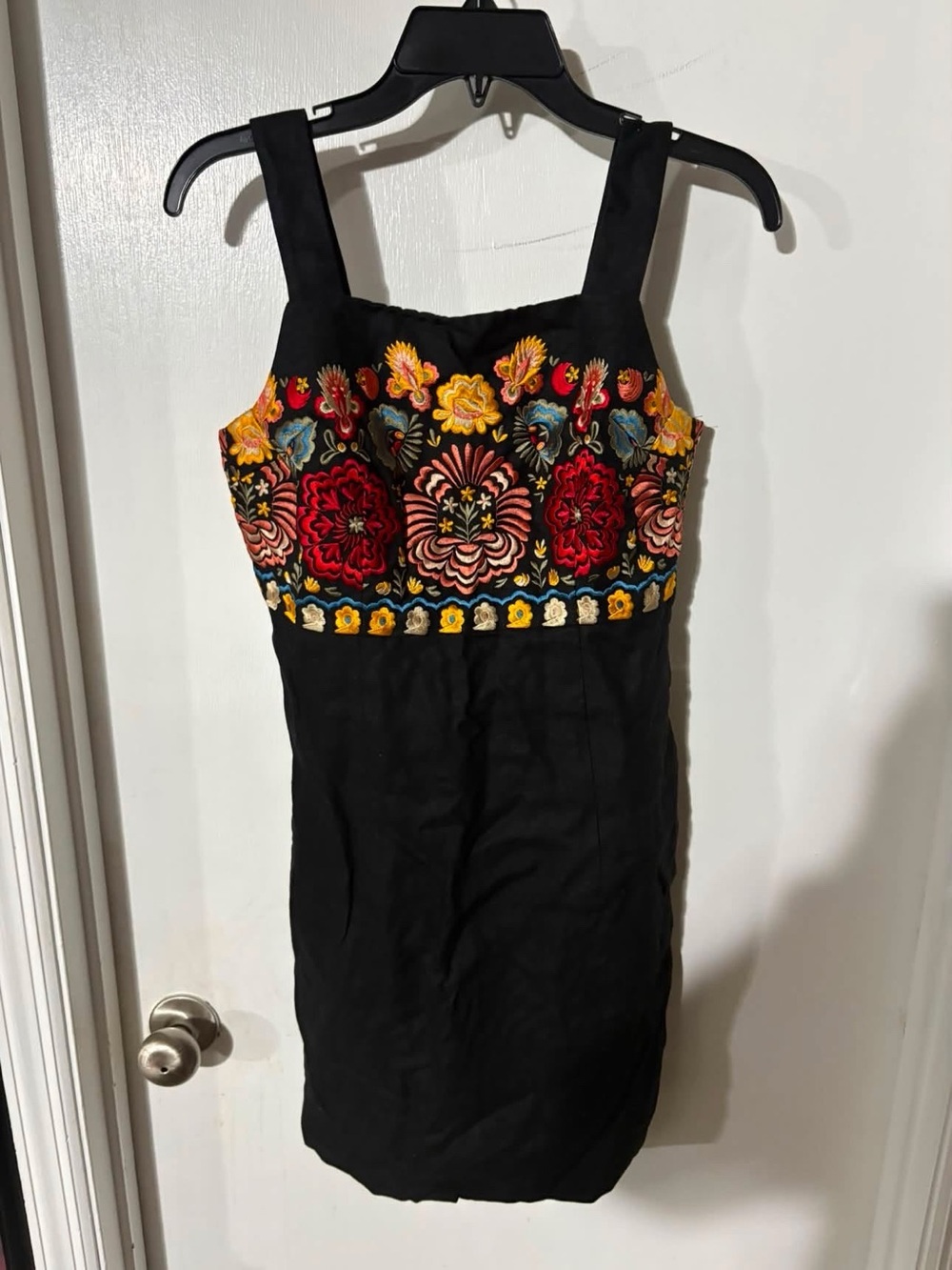 Andrea Jovine Black Mini Dress with Vibrant Floral Embroidery